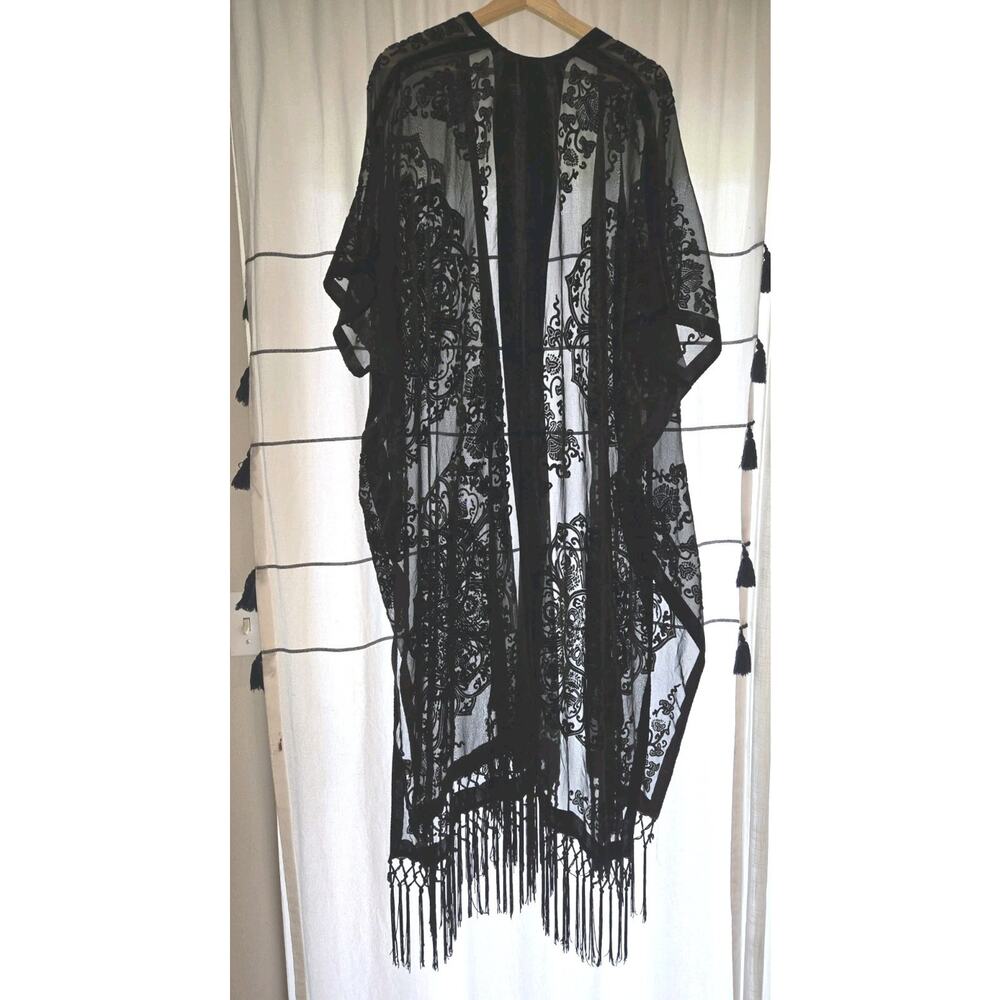 Torrid Size 2 Black Velvet Burnout Sheer Kimono Duster Fringe Gothic Boho Maxi